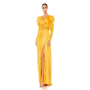 Mac Duggal Faux Wrap Mango Yellow Long Sleeve A Line Gown Size 6 12404